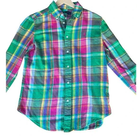 Ralph Lauren Tomboy Preppy Plaid Button Up Lite Flannel 10 Pink Green - Picture 2 of 7